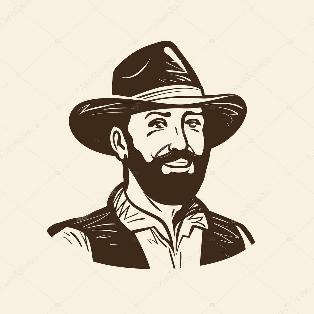 Farmer, cowboy logo or label. Vintage vector illustration