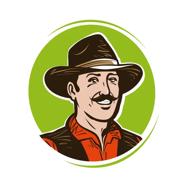 Logo o etiqueta del agricultor. Retrato de vaquero americano feliz con sombrero. Dibujos animados vector ilustración — Archivo Imágenes Vectoriales