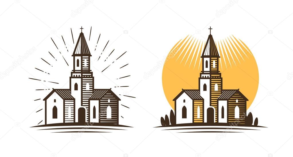 Church logo. Religion, faith, belief icon or symbol. Vector illustration isolated on white background
