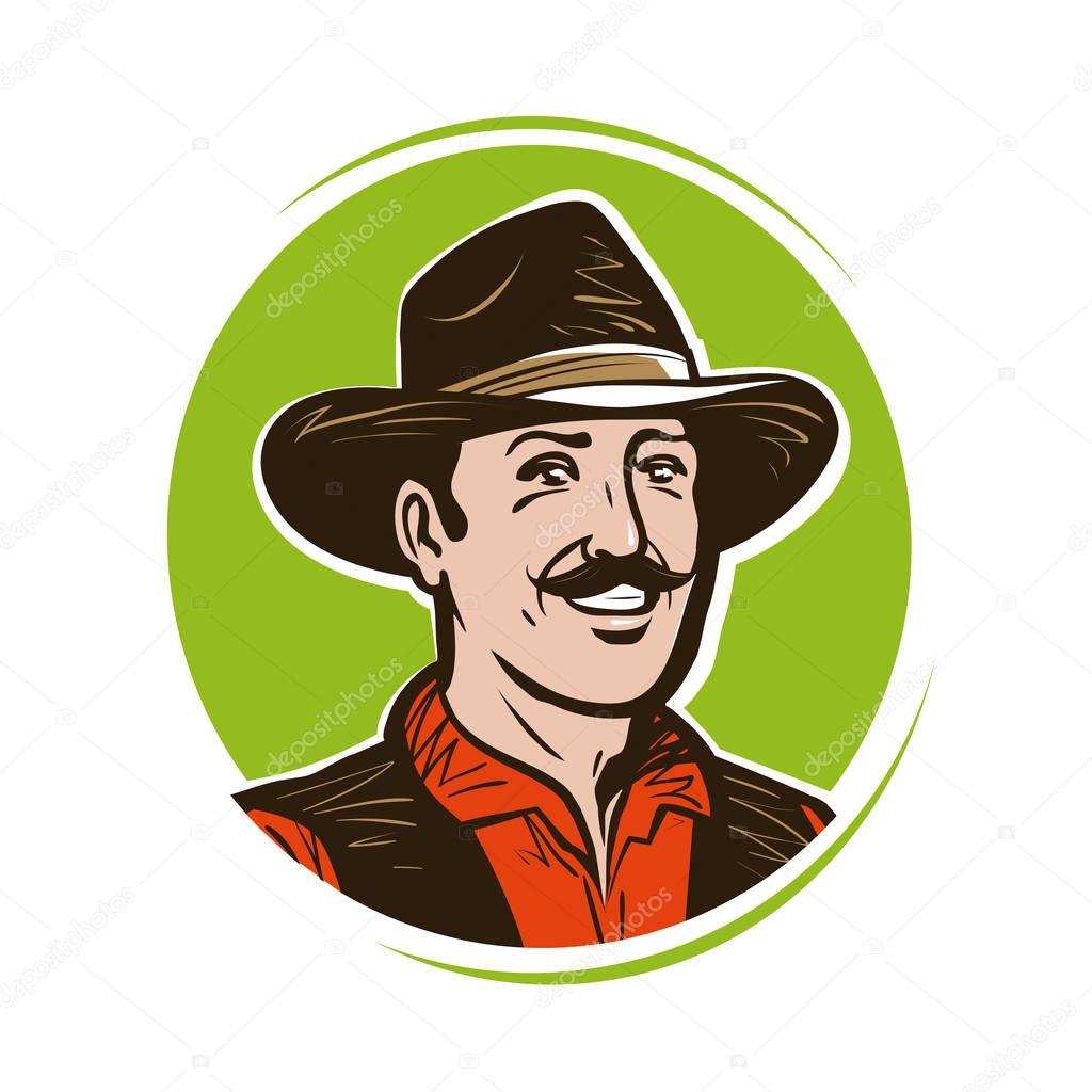 Farmer logo or label. Portrait of happy cowboy in hat. Cartoon vector illustration