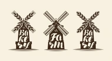 Mill, yel değirmeni simgesi. Çiftliği, etiket veya logolar ekmek kümesi. Yazı, kaligrafi vektör çizim el yazısı