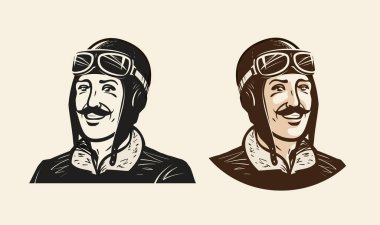 Pilot veya racer gülümseyen portresi. Vintage sketch vektör çizim
