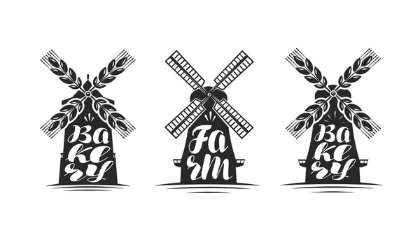 Padaria, logotipo ou rótulo da fazenda. Moinho, ícone do moinho de vento. Lettering, caligrafia ilustração vetorial —  Vetores de Stock