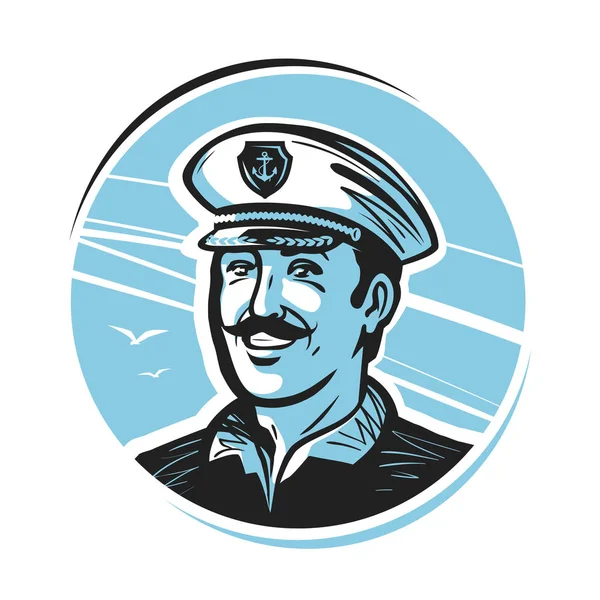 Portrait of happy smiling captain. Sailor, seafarer, seaman logo or label. Vector illustration — Stock Vector