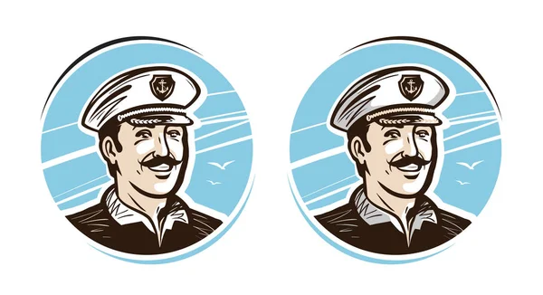 Πορτραίτο του χαρούμενος καπετάνιος, λογότυπο ή σήμα. Καρτούν εικονογράφηση φορέα — Διανυσματικό Αρχείο