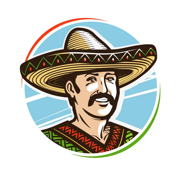 Ritratto di felice messicano sorridente in sombrero, logo o etichetta. Illustrazione vettoriale cartone animato — Vettoriale Stock