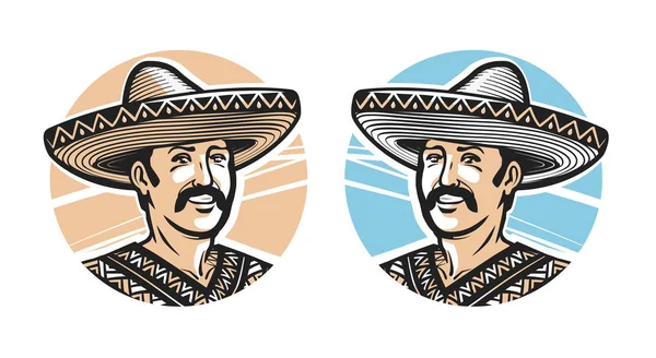 Retrato de feliz mexicano en sombrero, logo o etiqueta. Ilustración vectorial — Vector de stock