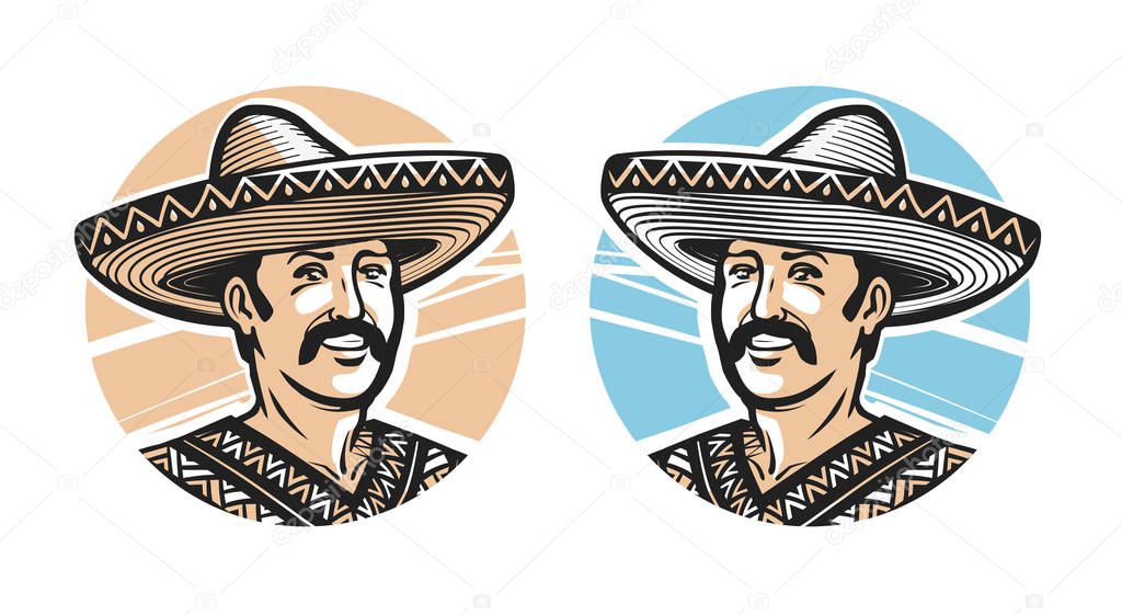 Portrait of happy Mexican in sombrero, logo or label. Vector illustration isolated on white background