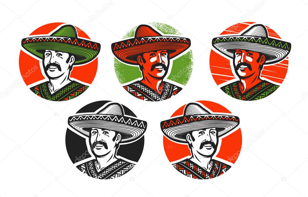 Mexican in sombrero logo or label. Cartoon vector illustration isolated on white background