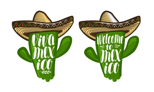 Cactus en sombrero, dibujos animados. Etiqueta o símbolo de México. Letras, caligrafía vector ilustración — Archivo Imágenes Vectoriales