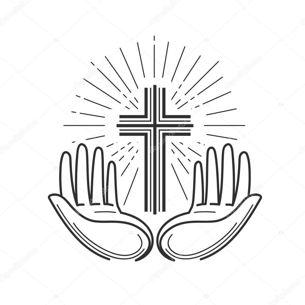 Church, religion logo. Bible, crucifixion, cross, prayer icon or symbol. Linear design, vector illustration isolated on white background
