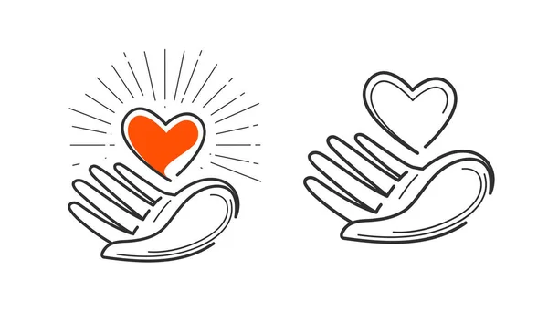 慈善団体、生命、愛、健康のロゴ。手にハートのアイコンまたはシンボル。ベクトル図 — ストックベクタ