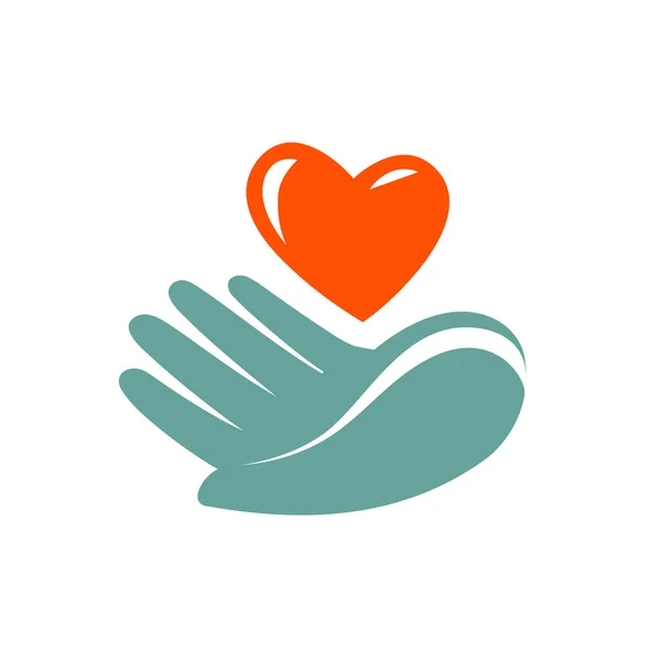 Donación, logotipo o etiqueta de caridad. Mano sosteniendo icono del corazón. Símbolo vector — Vector de stock