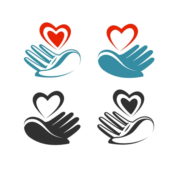 Zdrowia, Darowizna, miłosierdzie logo lub etykiecie. Ręka gospodarstwa serca, symbol. Ilustracja wektorowa — Wektor stockowy