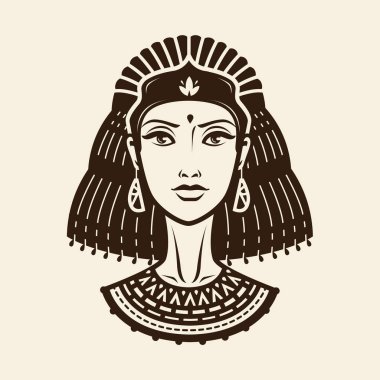 Güzel genç kadın, etnik kıyafeti kız portresi. Prenses, kadın savaşçı logo veya etiket. Vintage vektör çizim