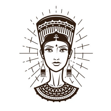 Güzel genç kadın, etnik kıyafeti kız portresi. Mısır, Afrika logosu veya etiket. Vintage vektör çizim