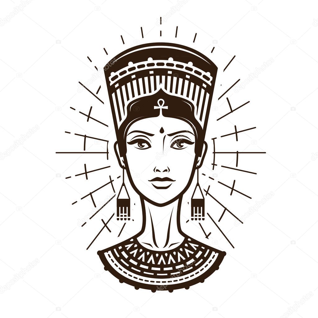 Portrait of beautiful young woman, girl in ethnic outfit. Egypt, Africa logo