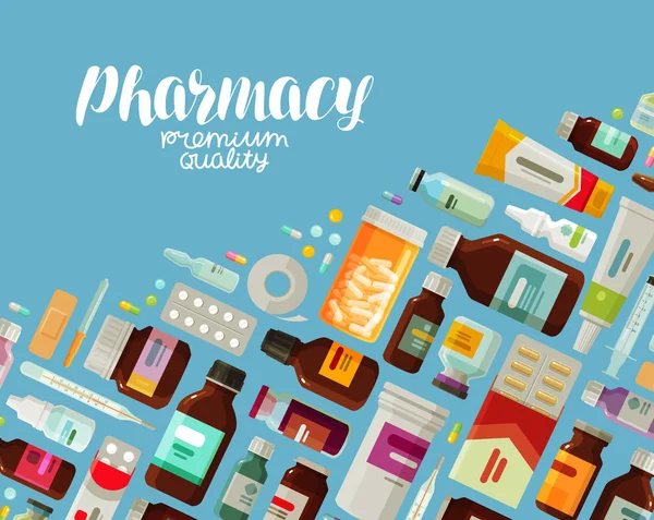 Farmácia, banner de farmacologia. Medicina, garrafas e pílulas conceito. Ilustração vetorial —  Vetores de Stock