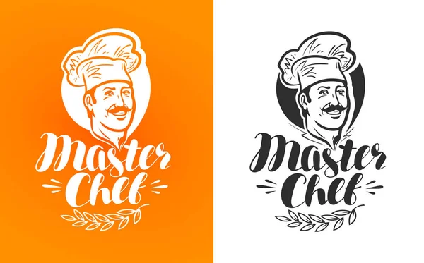 Master chief logo veya etiket. Mutlu aşçı şapkalı. Yazı, hat illüstrasyon vektör — Stok Vektör