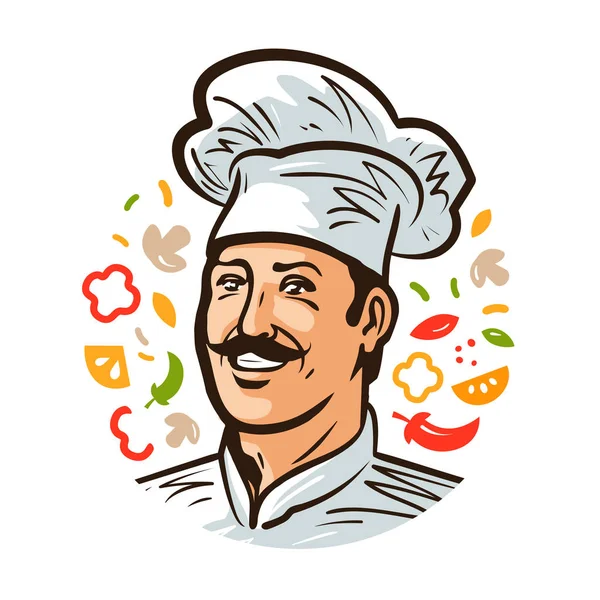 Retrato del chef feliz. Logo de cocina. Ilustración para menú de diseño restaurante o cafetería. vector de dibujos animados — Vector de stock