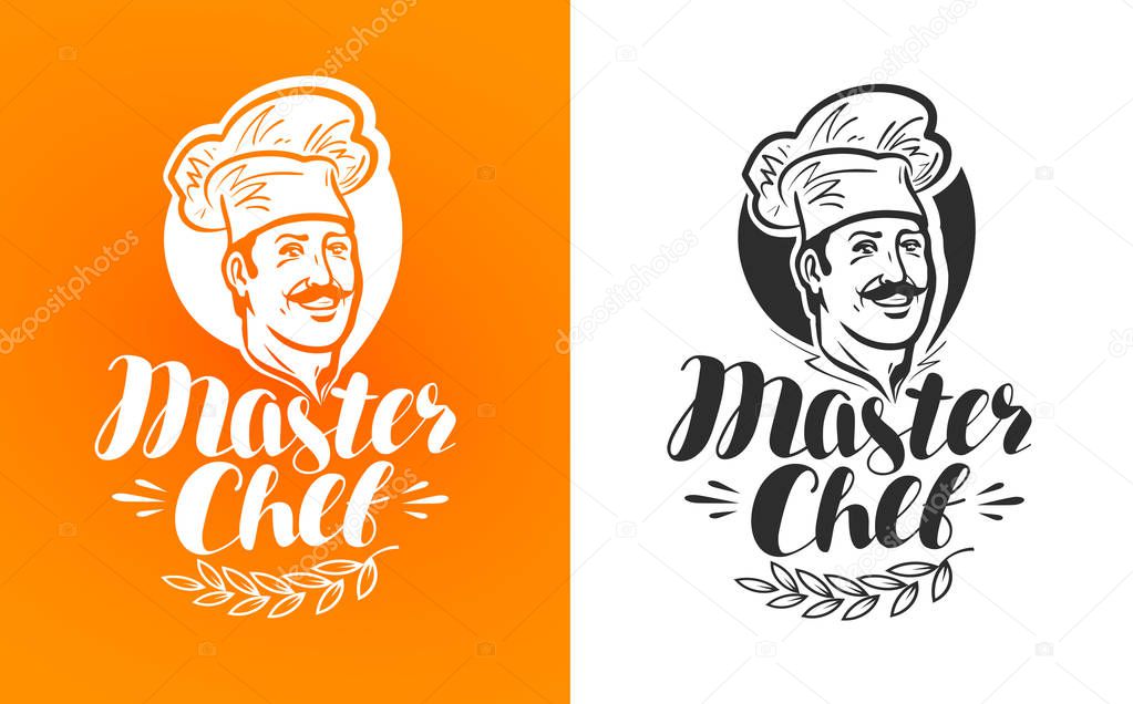 Master chief logo or label. Happy cook in hat. Lettering, vector illustration