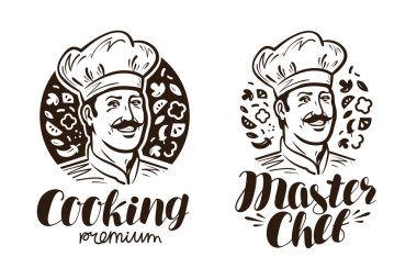 Mutlu Şef logo veya etiket portresi. Pişirme, mutfak simgesi. Vintage vektör çizim