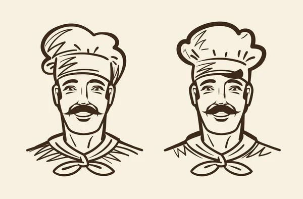 Portret van gelukkige chef-kok, koken. Schets vintage vectorillustratie — Stockvector