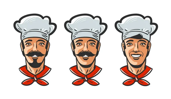 Portrait of happy smiling chef, cook in hat. Cartoon vector illustration — Stock Vector
