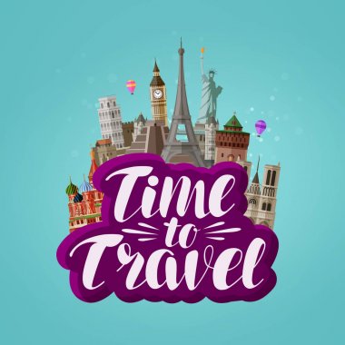 Seyahat zamanı banner. Yolculuk, dünya çapında seyahat kavramı. Çizgi film vektör çizim