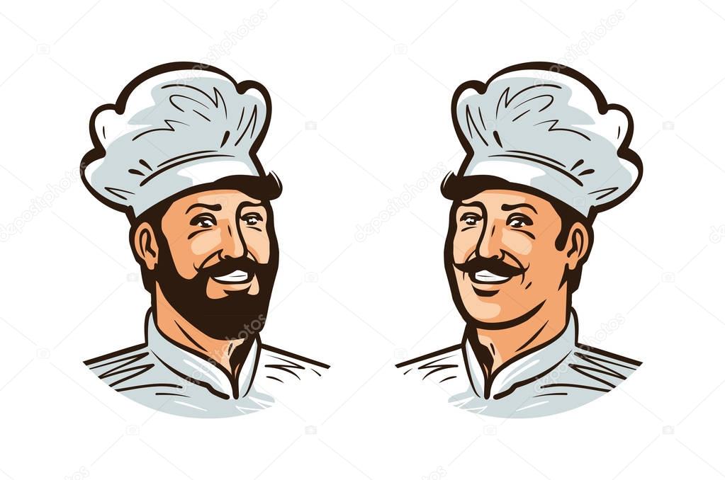 Happy cook, chef logo or label. Illustration for design menu restaurant or cafe. Cartoon vector isolated on white background