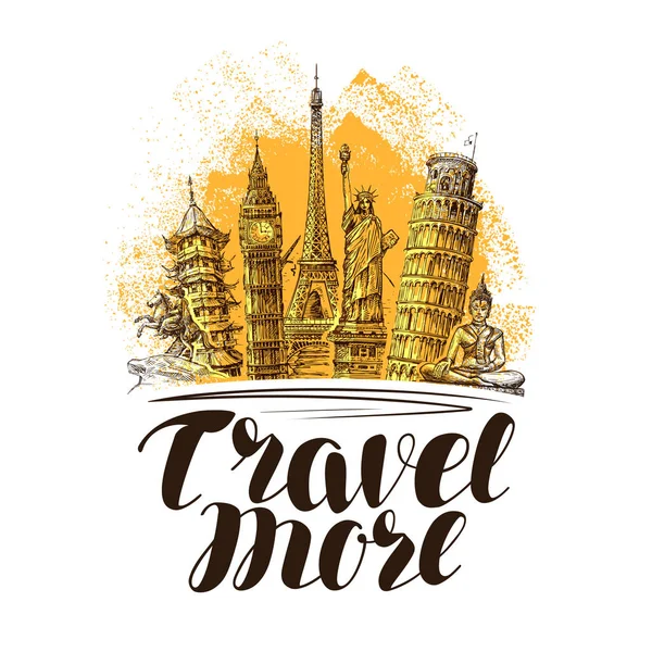 Utazás, utazás banner. A világ híres tereptárgyak. Vázlat vektoros illusztráció — Stock Vector