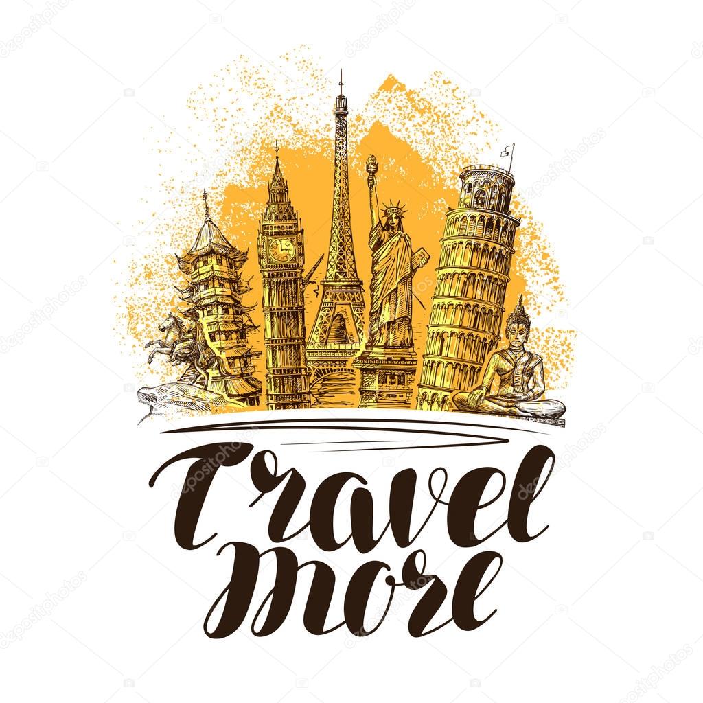 Travel, journey banner. Famous world landmarks. Sketch vector illustration
