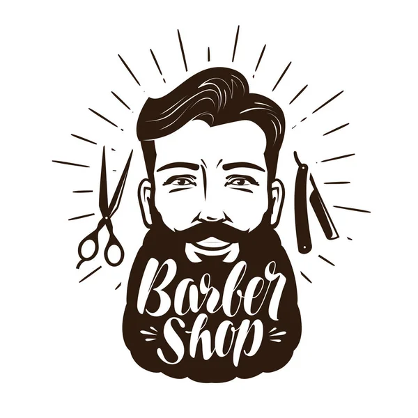 Logotipo ou etiqueta da barbearia. Retrato de um homem feliz com barba, hipster. Ilustração vetorial de letras —  Vetores de Stock