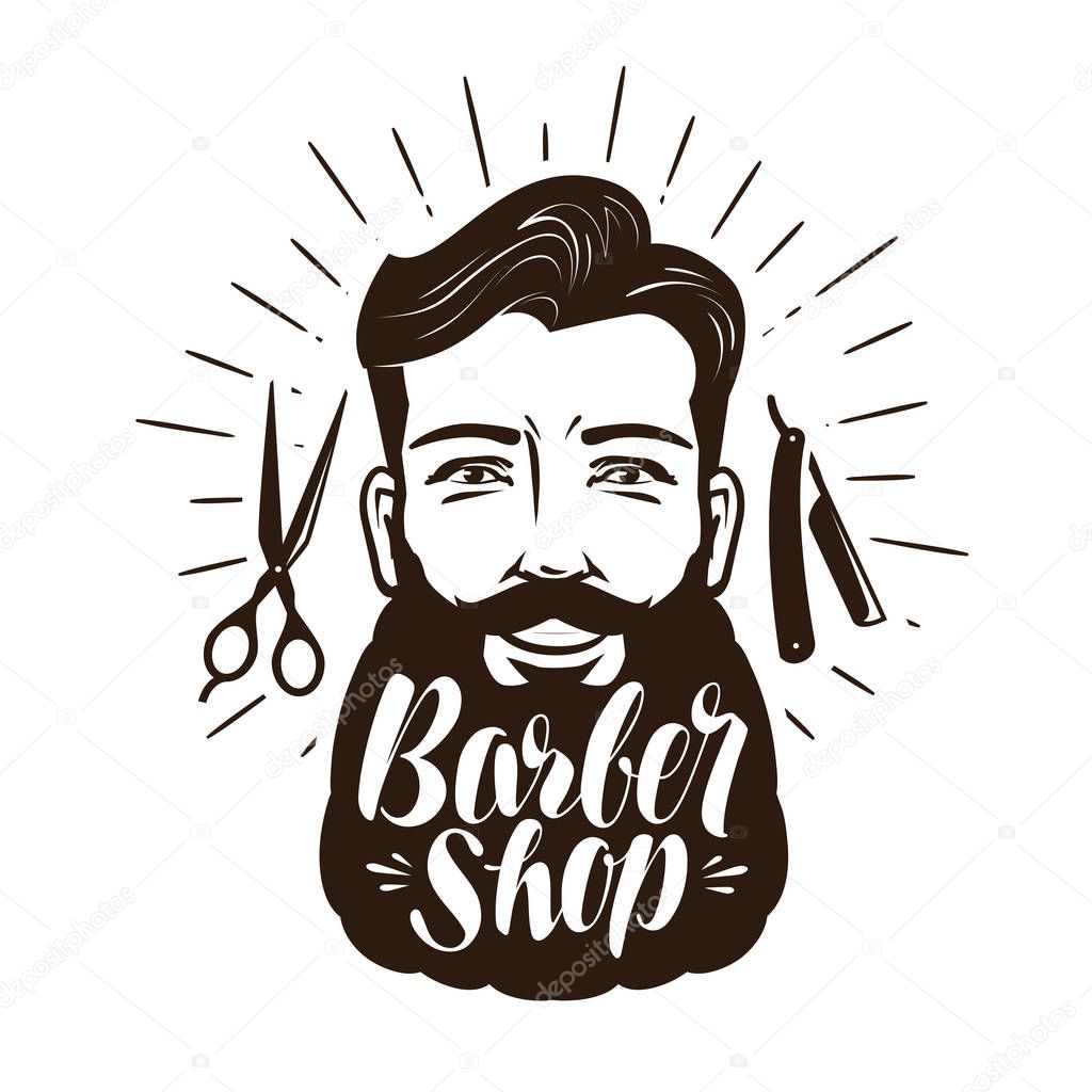 Barber shop logo or label. Portrait of happy man with beard, hipster. Lettering vector illustration
