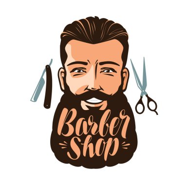 Berber logo veya etiket. Sakallı, mutlu bir adam portresi hippi. Yazı vektör çizim