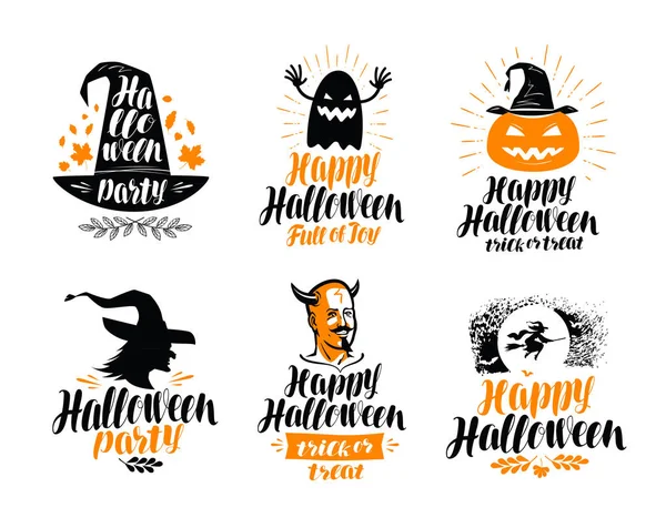 Fröhliches Halloween, Schriftzug. Urlaub, Grußkarte Etikett oder Logo. Vektorillustration — Stockvektor