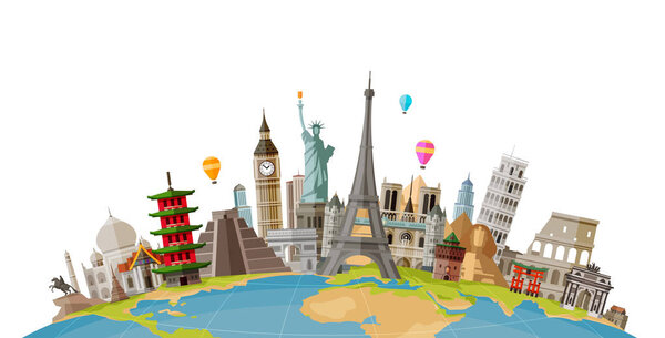 Путешествие, концепция путешествия. Известные памятники мировых стран. Векторная иллюстрация
