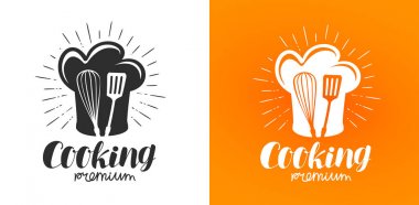 Logo veya etiket yemek. Mutfak, mutfak simgesi. Yazı vektör çizim
