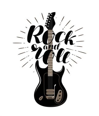 Rock and Roll, müzik konsepti. Gitar tipografik tasarım. Yazı vektör çizim