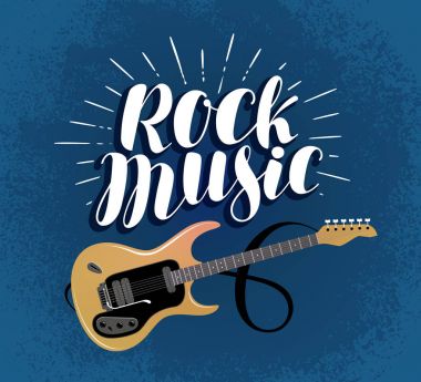 Rock müzik, banner. Gitar, müzik aleti kavramı. Yazı vektör çizim