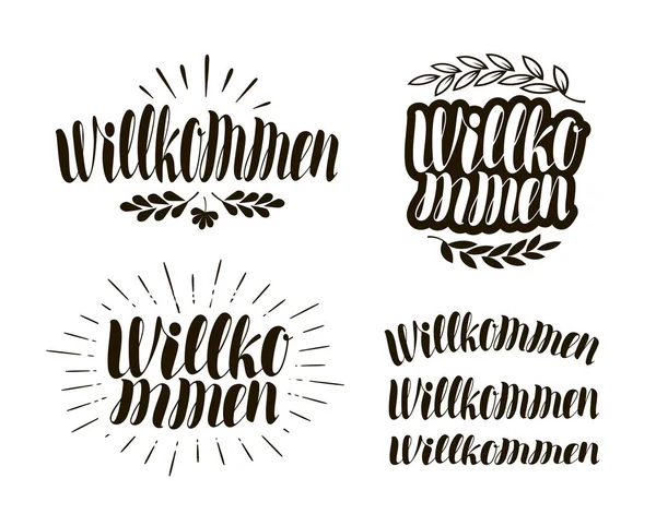 Willkommen, scritte a mano. Illustrazione vettoriale della calligrafia — Vettoriale Stock