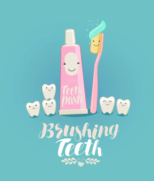 Brushing teeth, banner. Tooth, toothpaste, toothbrush, dentistry, dental clinic concept. Cartoon vector illustration — Stock Vector