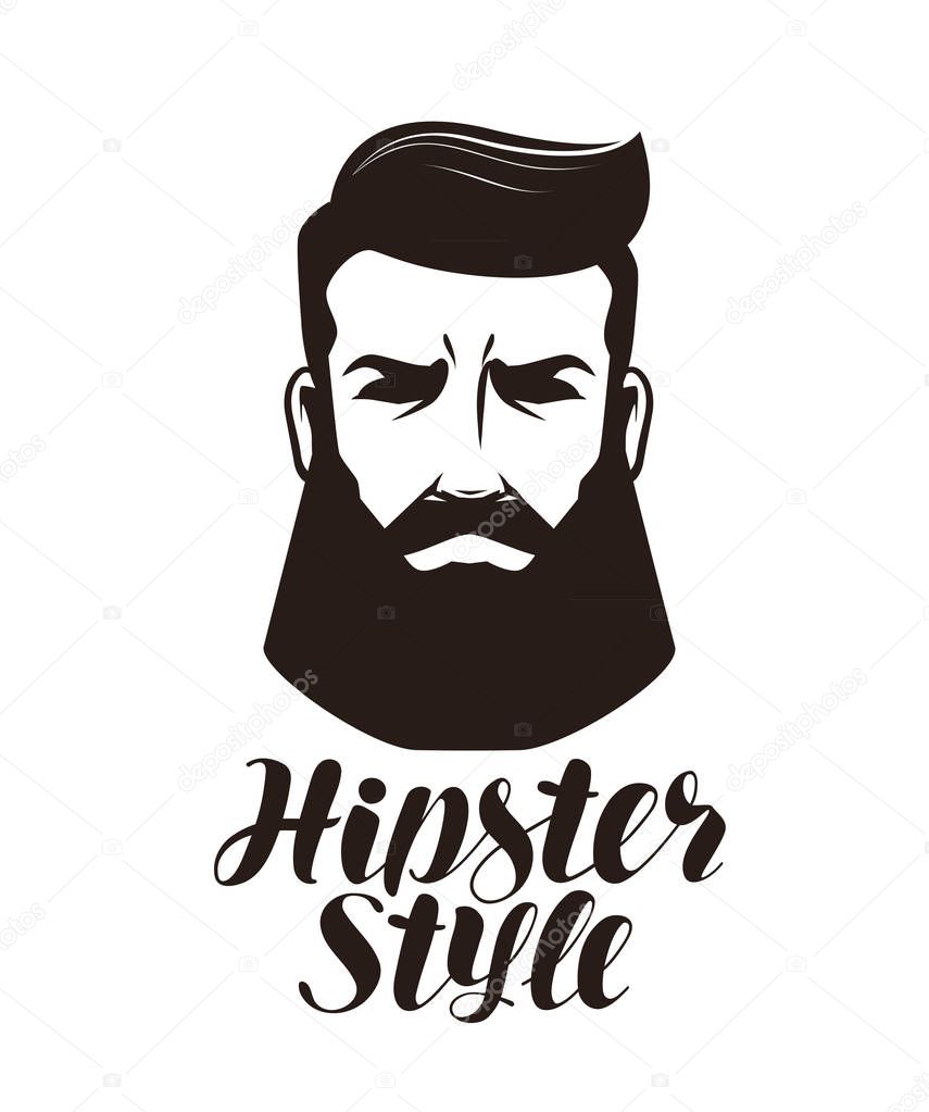 Hipster style. Portrait of bearded man, logo or label. Lettering vector illustration isolated on white background