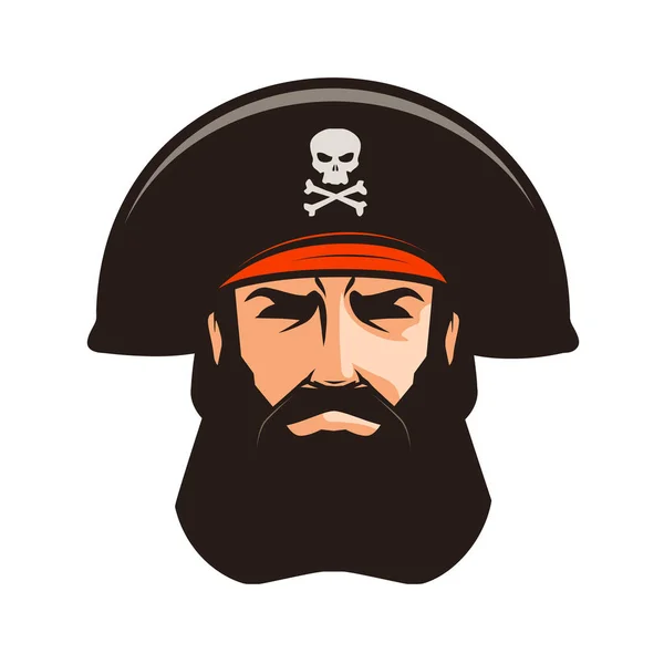 Logo o etiqueta pirata. Retrato de hombre barbudo con sombrero de gallo. Dibujos animados vector ilustración — Archivo Imágenes Vectoriales