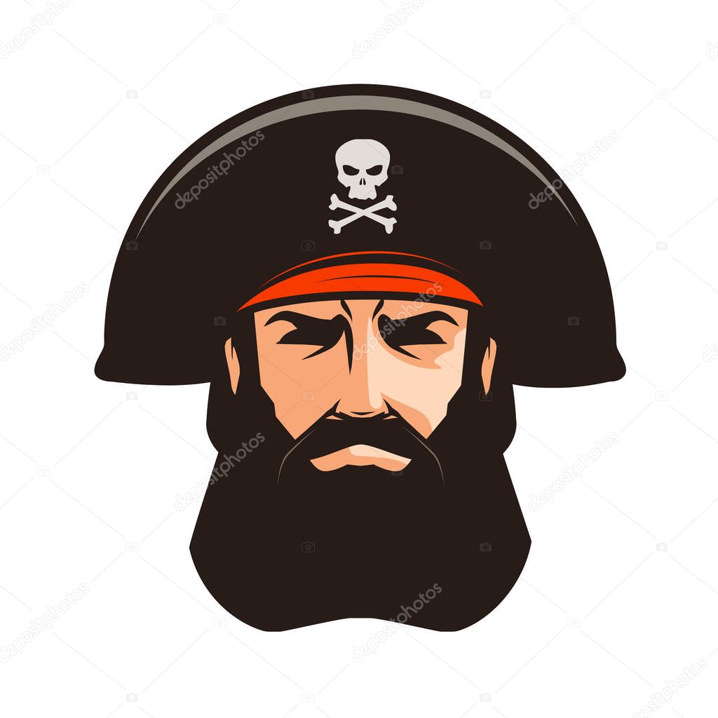 Pirate logo or label. Portrait of bearded man in cocked hat. Cartoon vector illustration