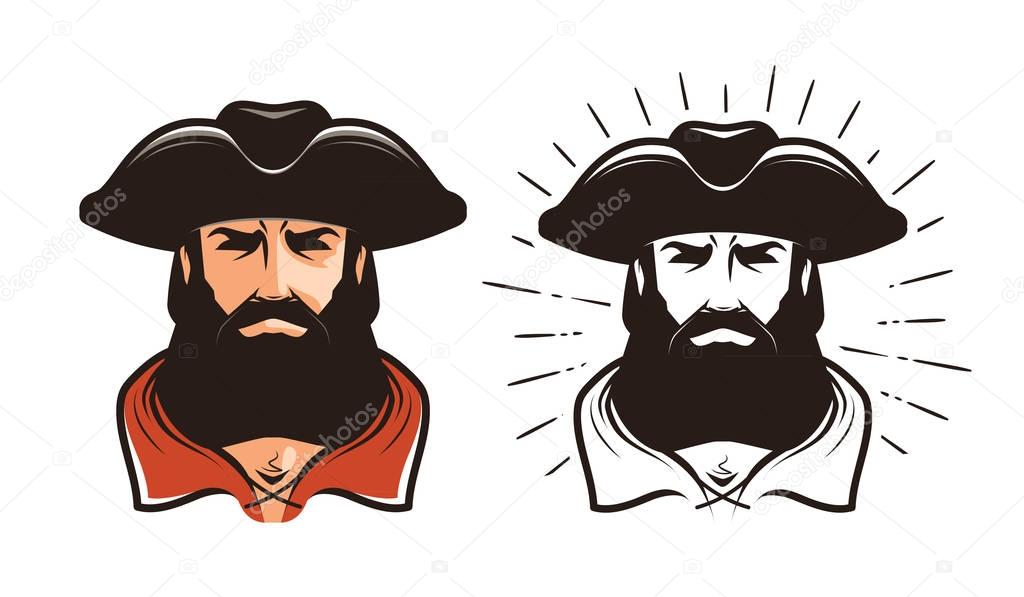 Portrait of bearded man in cocked hat. Cartoon vector illustration isolated on white background