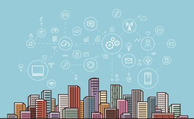 Internet iletişim, ağ, dijital teknoloji kavramı. Modern şehir arka plan. Vektör çizim