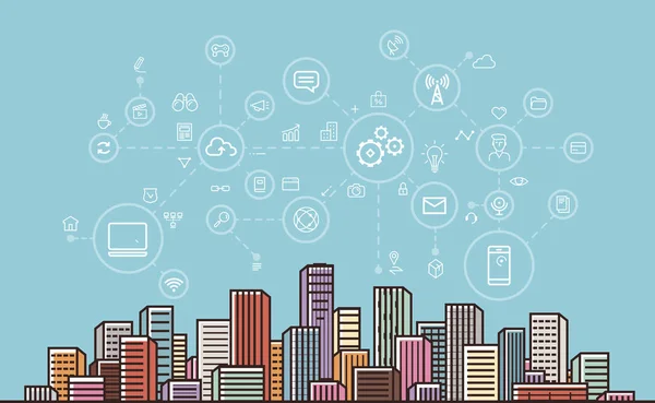 Internet communication, network, digital technology concept. Modern city background. Vector illustration — Stock Vector