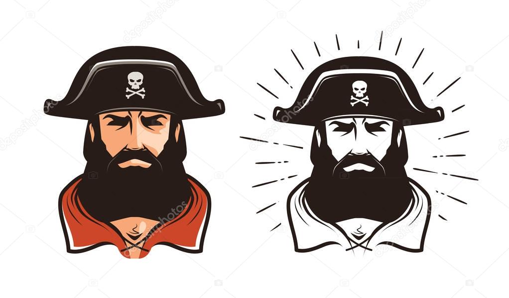Angry pirate. Portrait of bearded filibuster in hat. Cartoon vector illustration isolated on white background