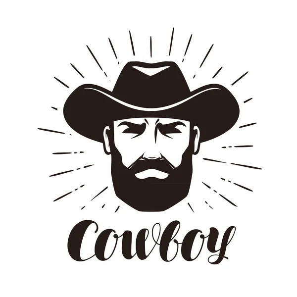 Logo ou étiquette Cowboy. Portrait d'homme barbu au chapeau. Illustration vectorielle de lettrage — Image vectorielle